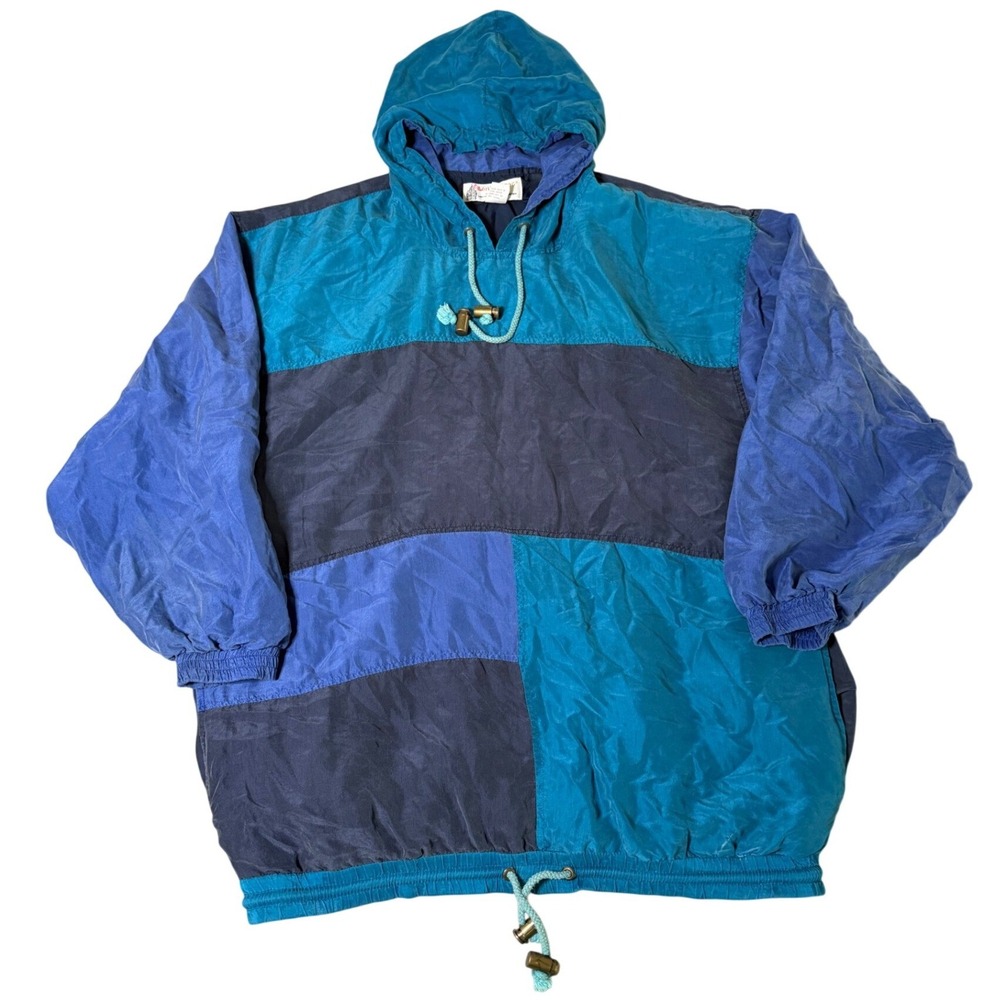 Vintage London Fog Silk Colorblock Windbreaker Hooded Pullover Blue Teal Medium